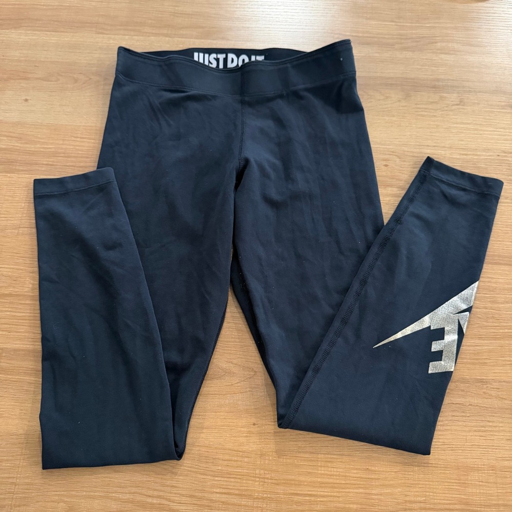 Nike‎ Just Do It Black Leggings Metallic Logo Womens Small Activewear